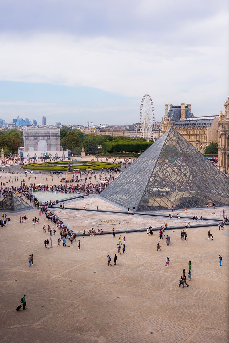 The entrance to the Louvre, the world's most-visited museum. Taken from high in the Louvre Palace