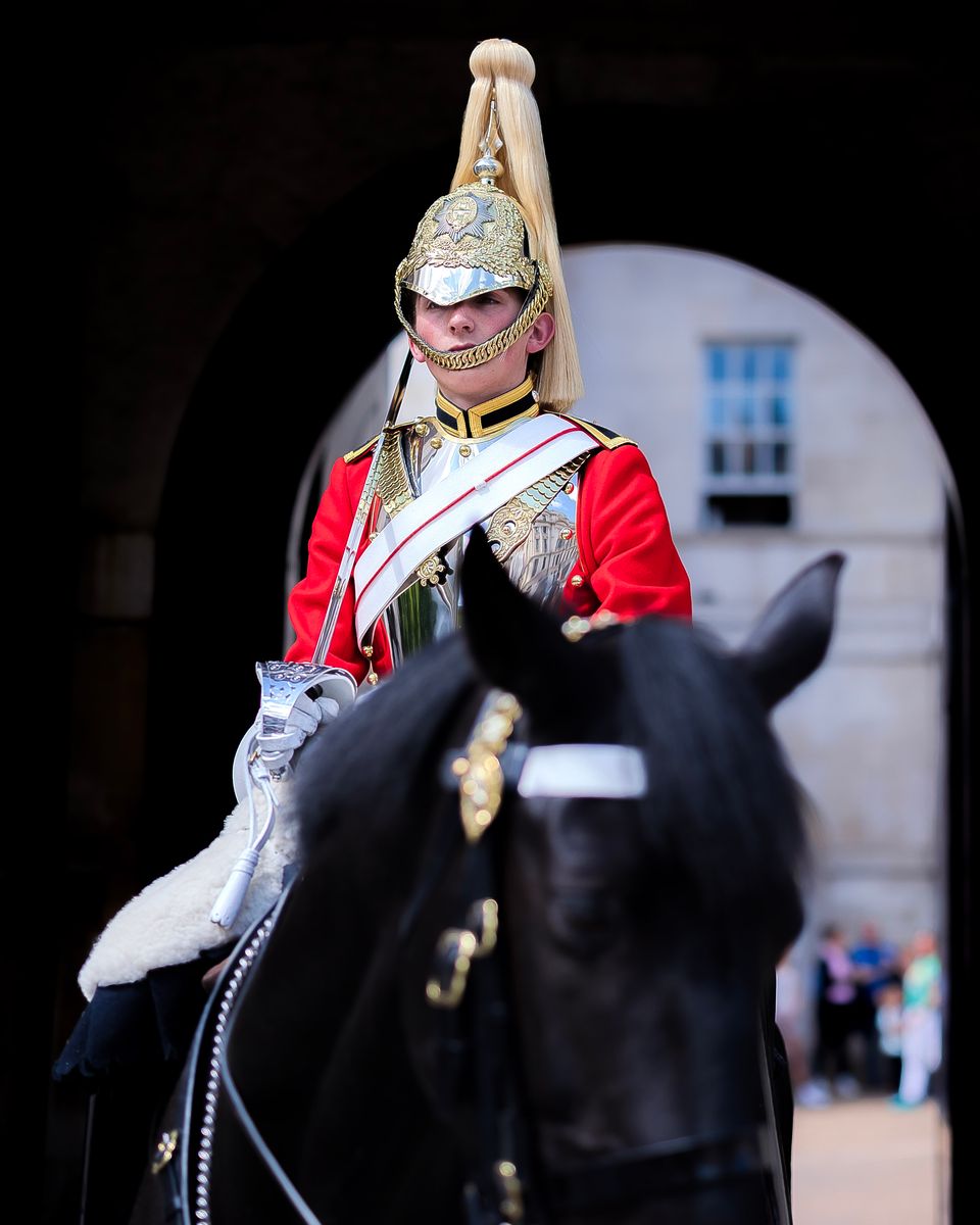A member of the Queen's Life Guard watches over Whitehall (London's political center) during the Changing of the Guard ceremony